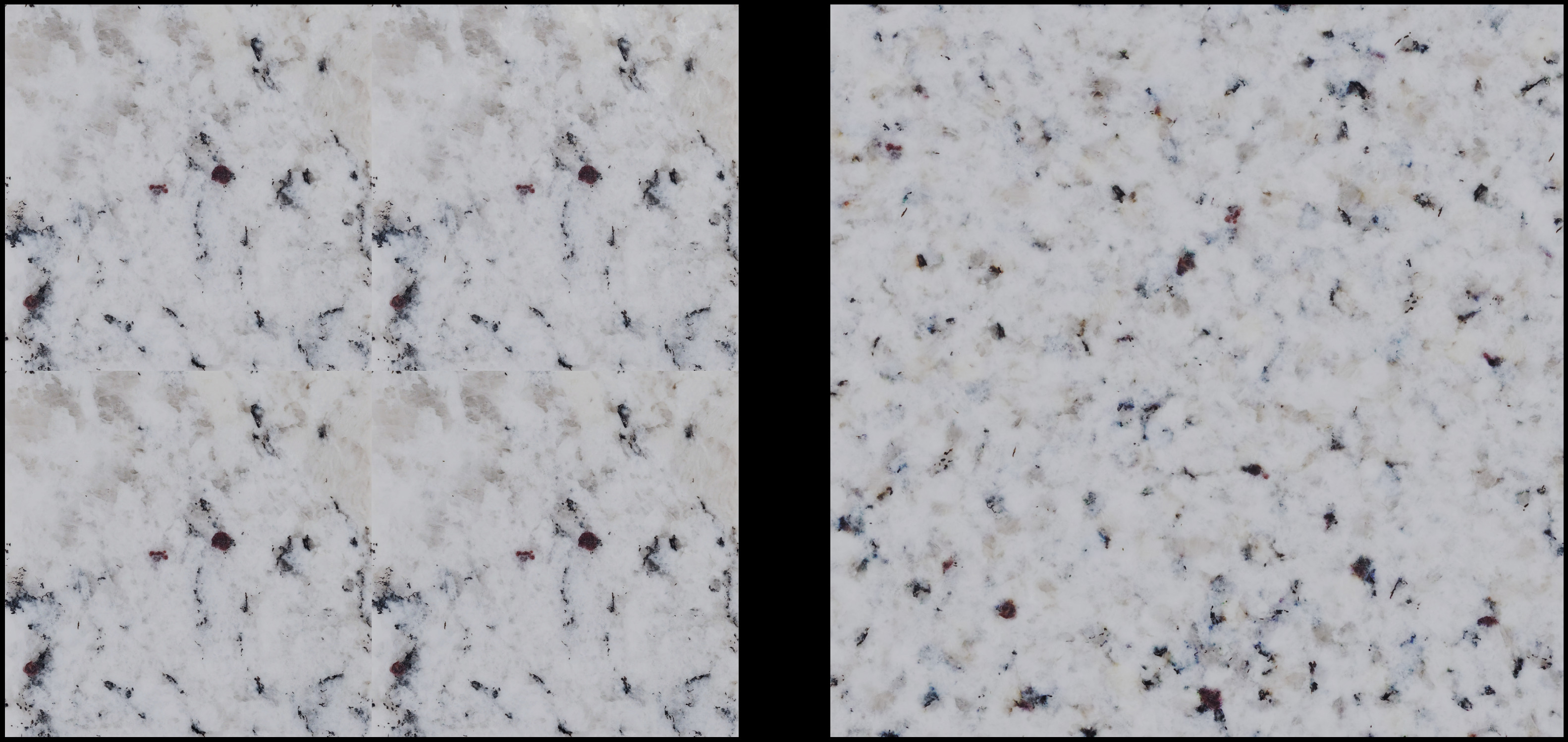 Heitz style tiling material comparison. Left = naive tiling, right = tiling using Heitz’s per-pixel histogram-preserving blending operator.